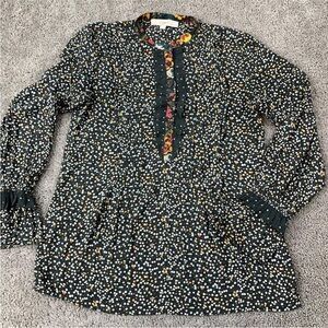 Ann Taylor LOFT Popover Black & Gray Buttoned Blouse w/ Mandarin Collar